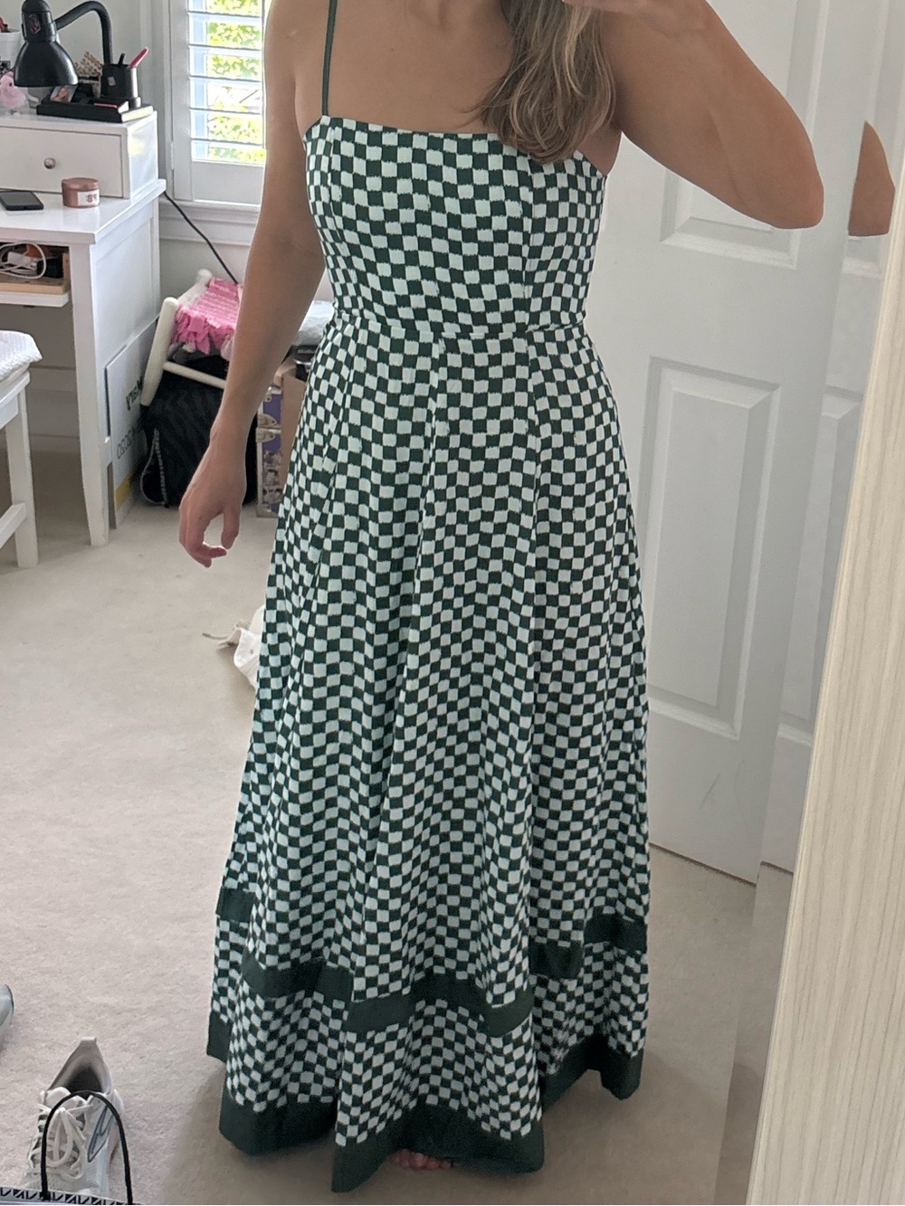 Green Checkered Maxi Dress with Spaghetti Straps